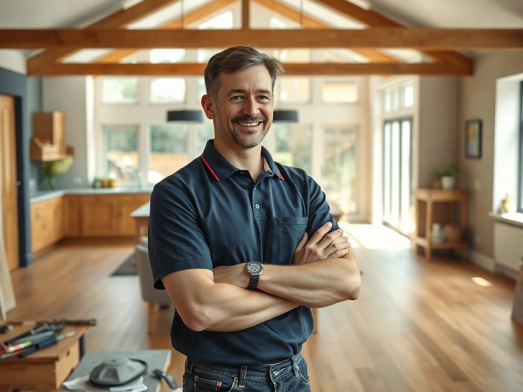 Builder discussing plans in a finished open-plan room
